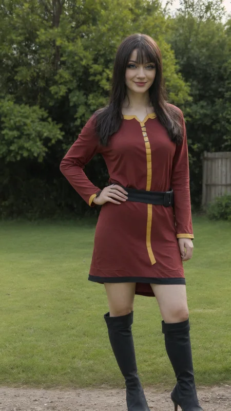 an 30yo woman, detailed face, looking at viewer, (full body shot:1.4), hdr, 8k, <lora:skin_slider_v10:1>, detailed eyes, <lora:egirlmakeupv1:0.5>, egirlmakeup, playful smirk, <lora:KonosubaCostumePackV1_5-000010:1>, mgmoutfit,