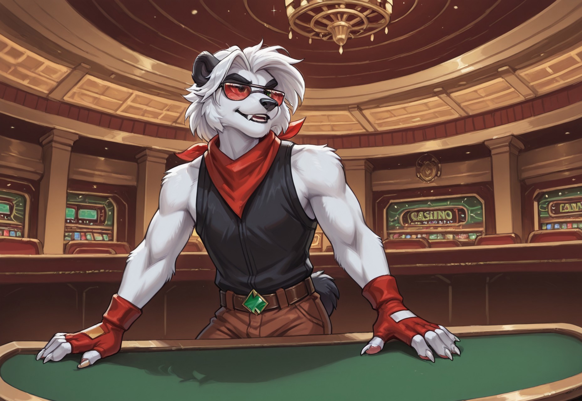 Solo, reallynxgirl_style, rspade_fre3dom_p1anet, mammal, panda, animal ears, furry, 1boy, solo, male focus, furry male, sunglasses, tail, red fingerless gloves, bandana, claws, clothes, adult, white fur, white claws, casino, detailed background