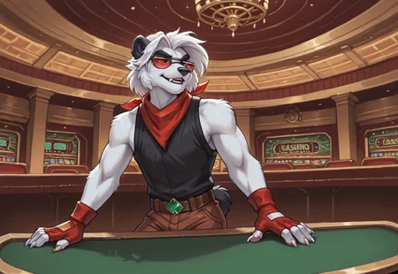 Solo, reallynxgirl_style, rspade_fre3dom_p1anet, mammal, panda, animal ears, furry, 1boy, solo, male focus, furry male, sunglasses, tail, red fingerless gloves, bandana, claws, clothes, adult, white fur, white claws, casino, detailed background