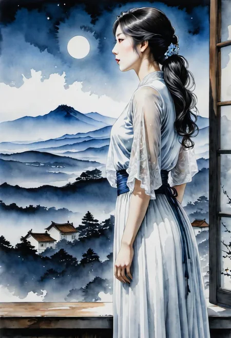 masterpiece, best quality, 8k, HDR, RGB, oil paints, watercolor, ink,
Minimalist ink painting, ghost of a woman at a window, inspired by the approaches of artists such as Takato Yamamoto and Jean-Baptiste Monge, refined contours emphasized by intricate line drawings, with white highlights delicately blending with a harmonious palette of sensual shades, as if encapsulating the figure with hair . rustling in the wind, a clear homage to Tomer Hanukkah's ukiyo-e style, expressive elements that take inspiration from formal art, subtly touching on darker shades.
Bastien Lecouf-Degarme, Carn Griffiths, E. Abramzon, Raphael, Caravaggio,