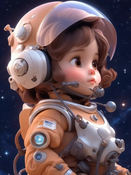 Pixar style,MG_ip,1girl,child,solo,helmet,profile,brown hair,science fiction,portrait,spacesuit,from side,upper body,brown eyes,short hair,machine,mechanical ear,mechanical antenna,mecha,cable,background starry sky,the earth,planet,<lora:3D模å丨å¯ç±åSDXLç_v2.0:1>,microphone,