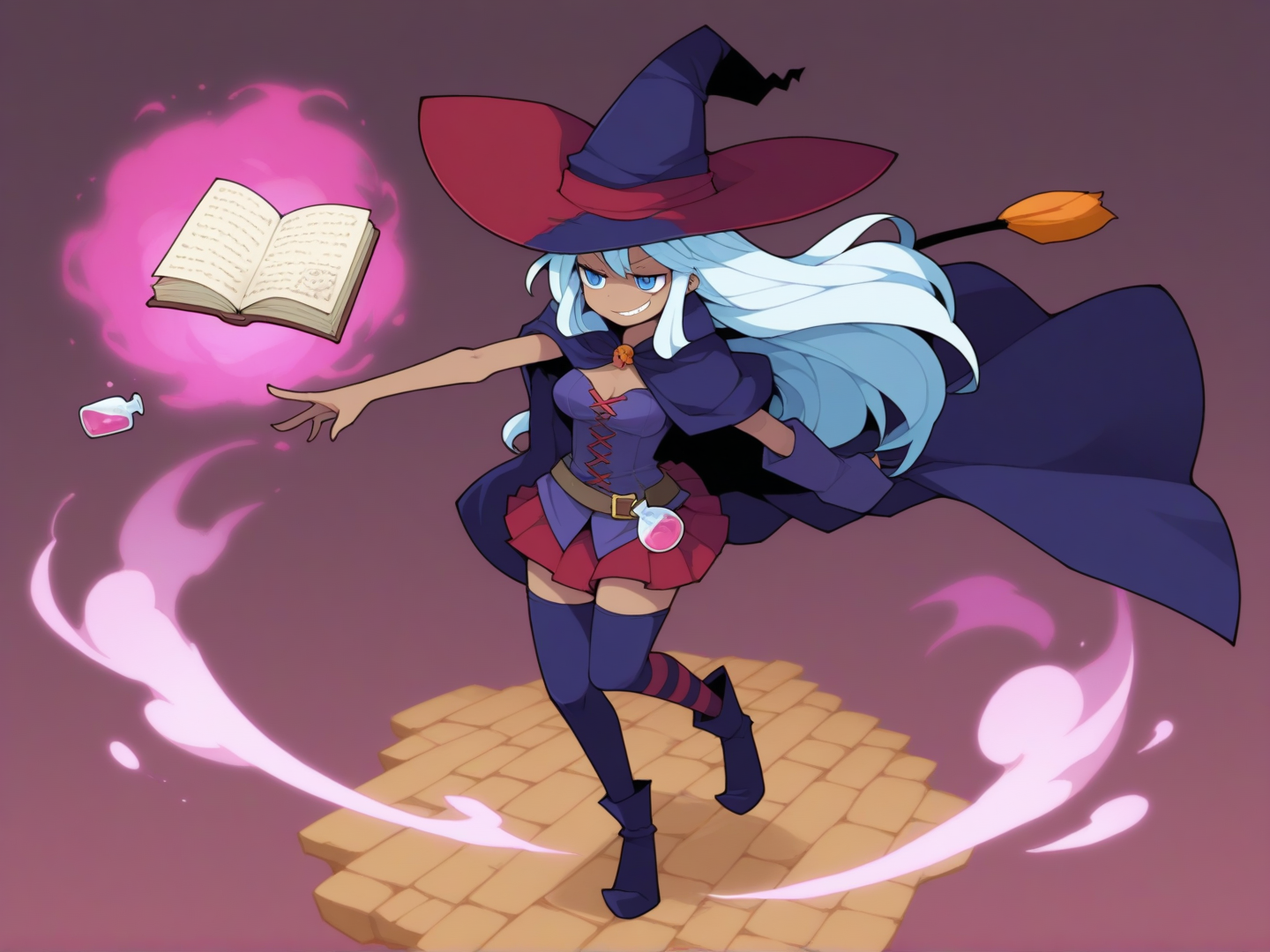 1girl, witch, magic, skirt, hat, legwear, white hair, long hair,
smug, pink potion, pink steam, medium breasts, blue eyes, dark skin,
 <lora:DarkfireStyle19v2:0.85>