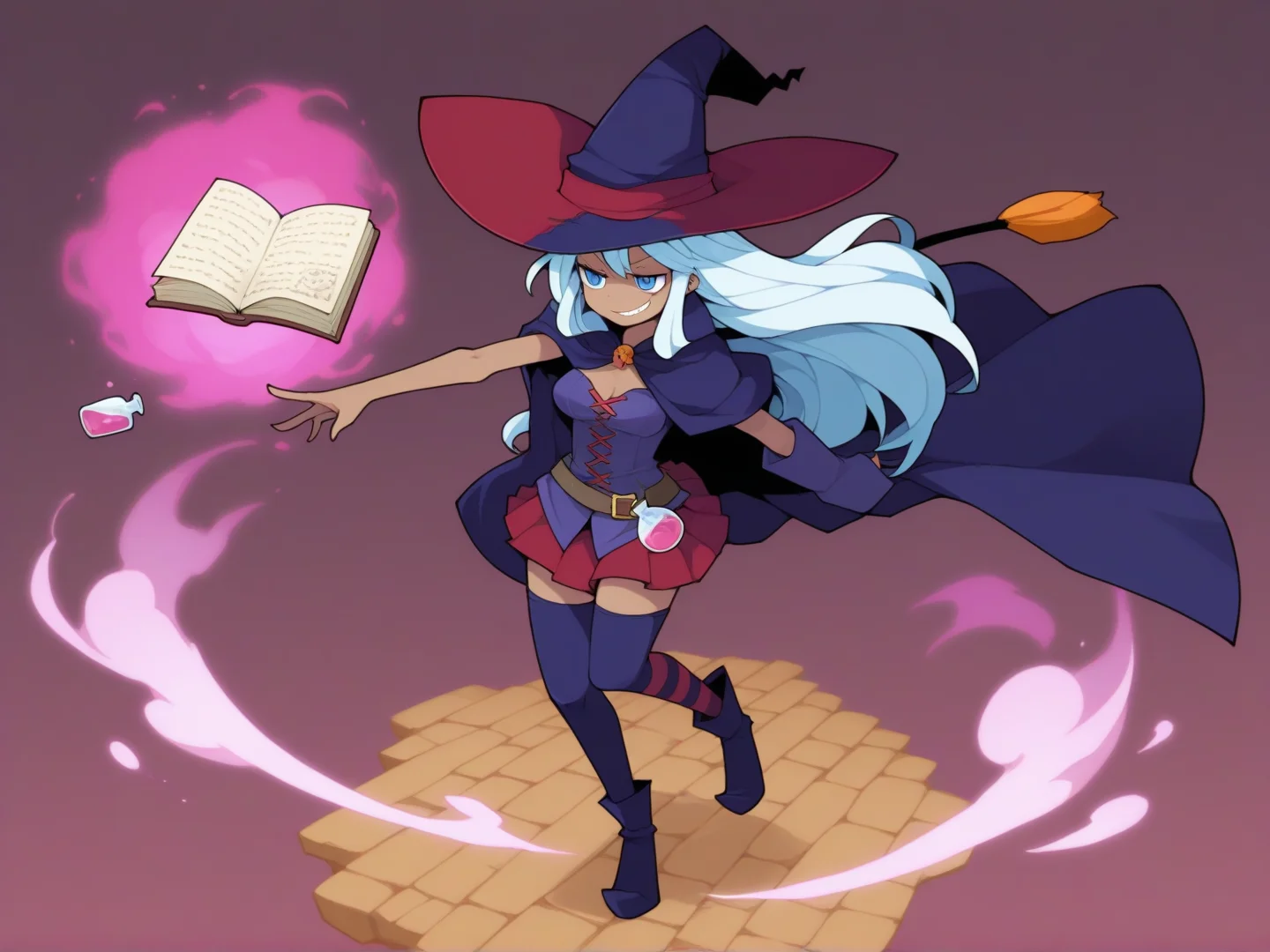1girl, witch, magic, skirt, hat, legwear, white hair, long hair,
smug, pink potion, pink steam, medium breasts, blue eyes, dark skin,
<lora:DarkfireStyle19v2:0.85>