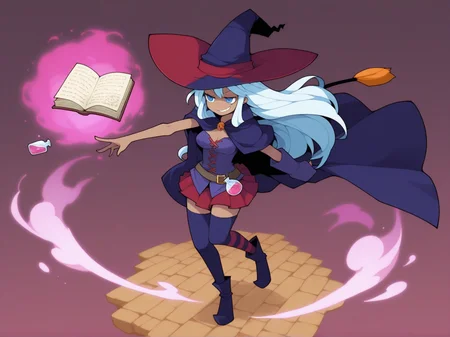 1girl, witch, magic, skirt, hat, legwear, white hair, long hair,
smug, pink potion, pink steam, medium breasts, blue eyes, dark skin,
<lora:DarkfireStyle19v2:0.85>