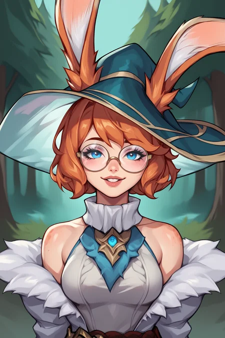 score_9, score_8_up, score_7_up, score_6_up, BREAK, AuroraLoLPXL, glasses, blue eyes, orange hair, short hair, rabbit ears, animal ears, ears through headwear, witch hat, rabbit tail, medium breasts, off shoulders, white jacket, white dress, green shorts, short shorts, solo, front view, (portrait, upper body), solo focus, seductive smile, looking at viewer, forest, tree <lora:AuroraLoLPXL:1>