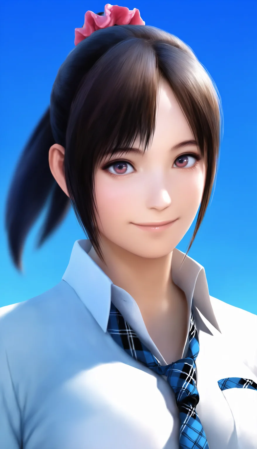 masterpiece,best quality,amazing quality,
<lora:miiyamotohikariNAI:1>,miiyamotohikari,realistic,
1girl,solo,black hair,ponytail,bangs,pink scrunchie,brown eyes,white collar shirt,blue plaid necktie,portrait,looking at viewer,outdoors,blue sky,smile,