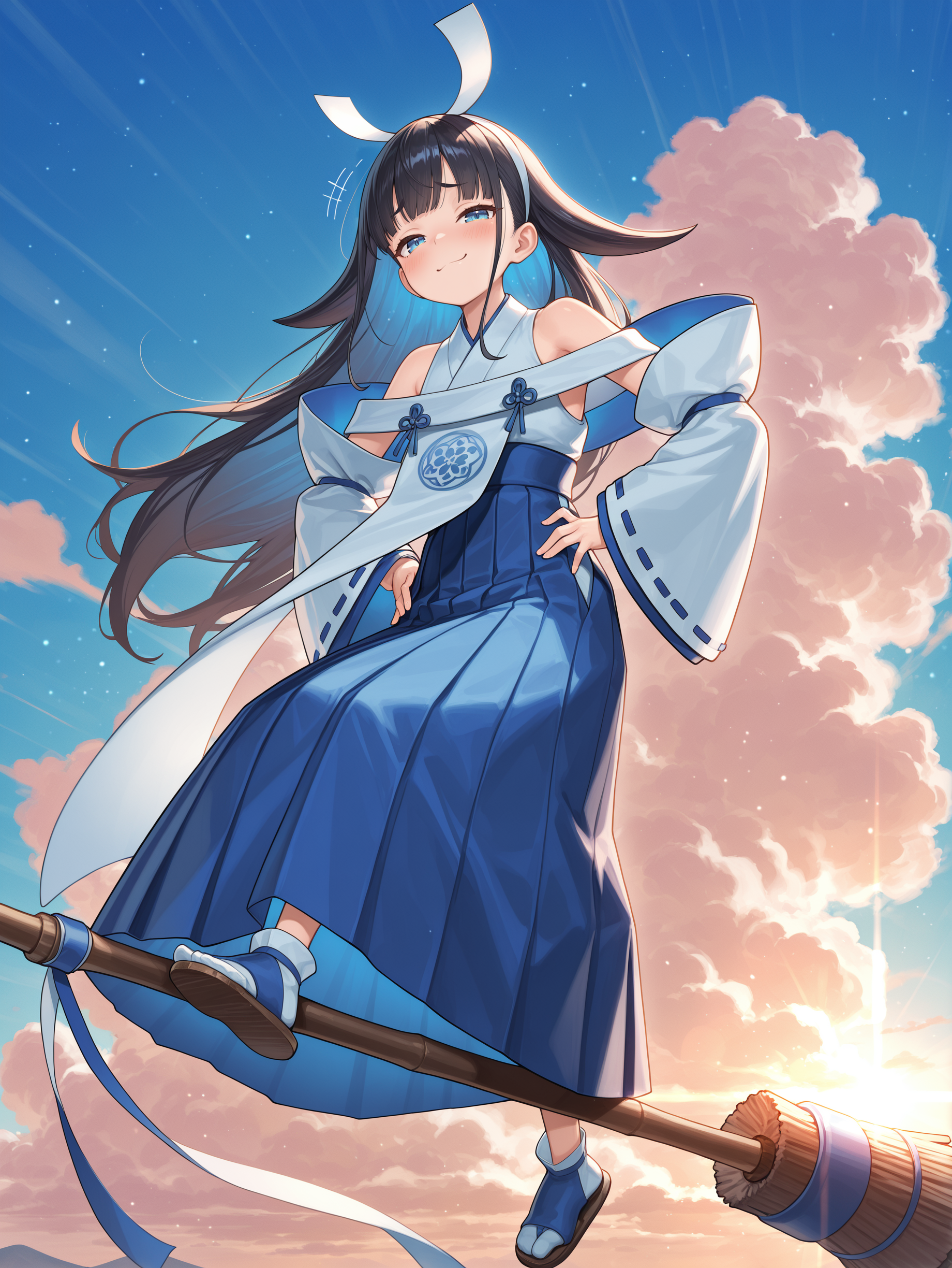 broom surfing,standing,smug,shinonome the vaylantz priestess,1girl,solo,cloud,blue sky,smile,looking at viewer,blush,bare shoulders,full body,colored inner hair,white hairband,white ribbon-trimmed sleeves,white sleeveless kimono,blue hakama skirt,white tabi,blue sandals,white breast curtain,blue sky,half-closed eyes,hands on own hips,motion lines,raised eyebrows,
masterpiece,best quality,amazing quality,very aesthetic,absurdres,newest,scenery,extreme detail,8k,light particles,soft lighting,volumetric lighting,intricate details,finely detailed,detailed eyes,<lora:Shinonome the Vaylantz Priestess illusXL v1.1:0.75>,