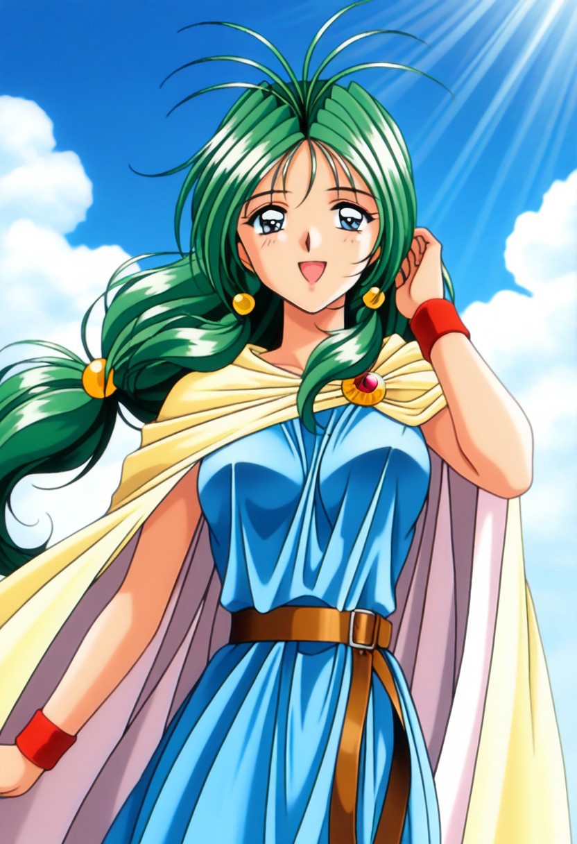 masterpiece, best quality, amazing quality, very aesthetic, high resolution, 1girl, cowboy shot, anime-style, digital art, high resolution, cute girl, smiling, sunlight, bright, clear sky, blue sky, clouds, daytime, outdoor, wind blowing her hair, dynamic pose, cheerful mood, light reflections, detailed background, high quality, beautiful, attractive, light rays, bright lighting, sky, joyful, happy, energetic, bright atmosphere, detailed shading, anime aesthetics, vibrant, lively, braid, jewelry, belt, cape, blue dress, wristband, retro artstyle, 1990s \(style\), 
clairemm, blue eyes, green hair, antenna hair, long hair, low-tied long hair, hair bobbles, medium breasts, mature female,