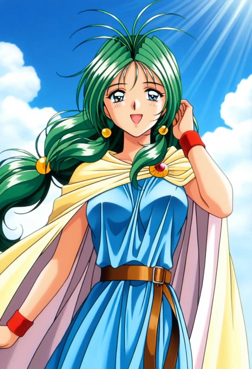 masterpiece, best quality, amazing quality, very aesthetic, high resolution, 1girl, cowboy shot, anime-style, digital art, high resolution, cute girl, smiling, sunlight, bright, clear sky, blue sky, clouds, daytime, outdoor, wind blowing her hair, dynamic pose, cheerful mood, light reflections, detailed background, high quality, beautiful, attractive, light rays, bright lighting, sky, joyful, happy, energetic, bright atmosphere, detailed shading, anime aesthetics, vibrant, lively, braid, jewelry, belt, cape, blue dress, wristband, retro artstyle, 1990s \(style\), 
clairemm, blue eyes, green hair, antenna hair, long hair, low-tied long hair, hair bobbles, medium breasts, mature female,