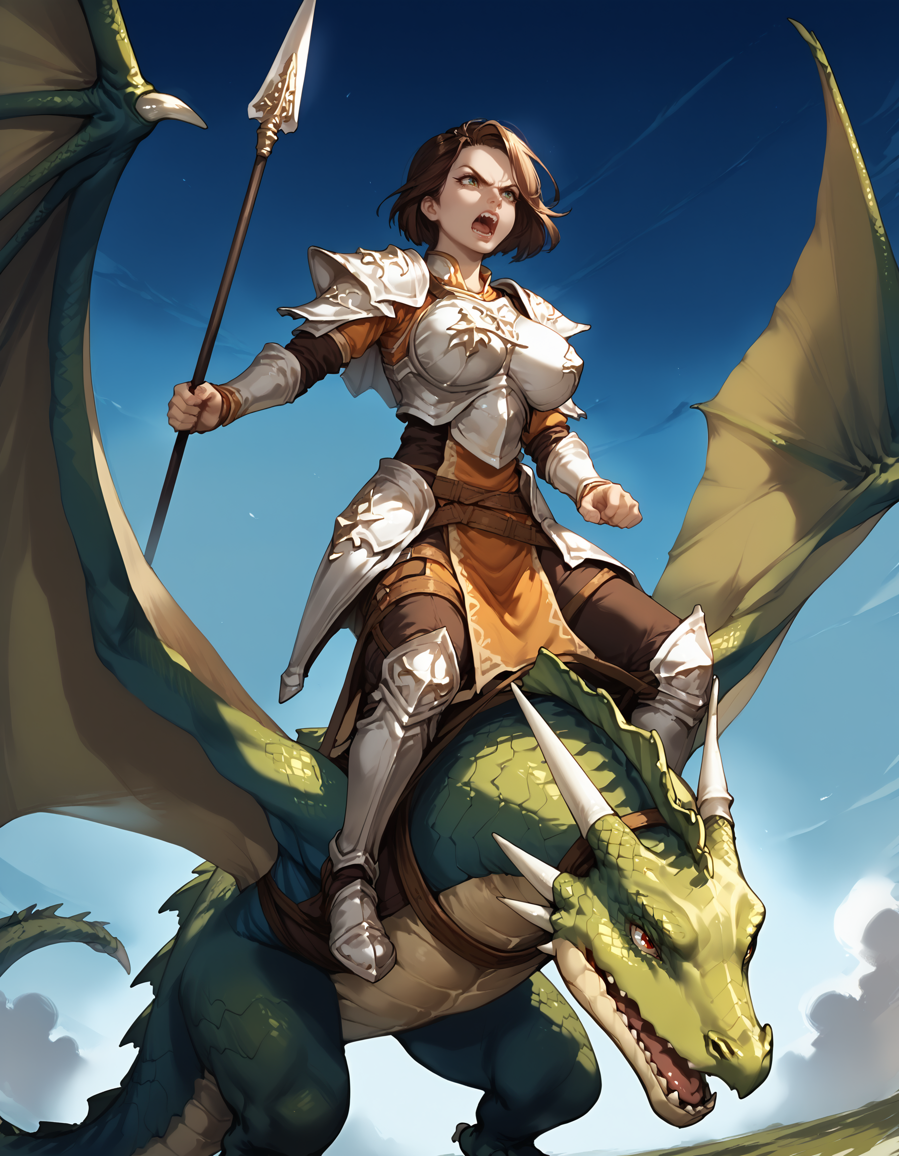 zPDXL3,<lora:Pony_DetailV2.0:1>,sky BREAK 1girl,1other,large breasts,
BREAK wyvern rider,dragon riding,dragon wings,knight,green dragon,polearm,holding polearm,holding weapon,flying,breastplate,fighting stance,serious,screaming,glaring,from_above,<lora:wyvern rider-pony-v31:0.9>,