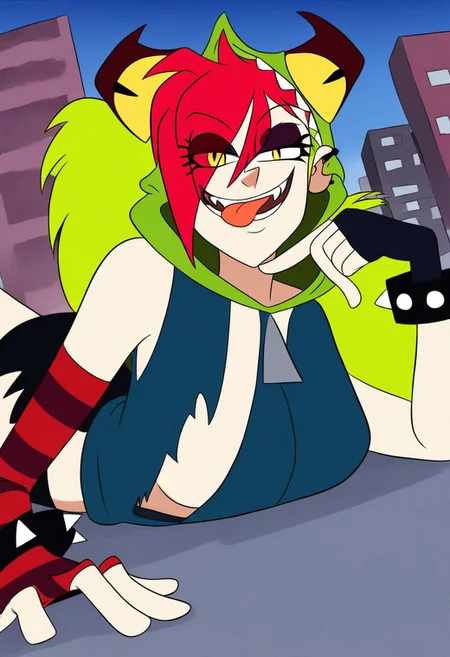 demencia, red hair, green ponytail, striped thighhighs, single striped sock, anklet, green monster hood, yellow eyes, sharp teeth, dark blue hoodie, single striped sleeve, red sneaker, blue sneaker, black skirt, smile, eyeshadow, spiked bracelet, zipper pull tab, torn pantyhose, glove, tongue out, Pov-giantess (macrogts:1.1) (laying on a city (prone) at sunset:1.1), the buildings underneath her body are crushed,