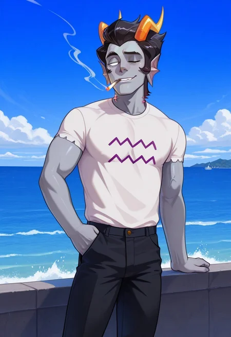 0up, BREAK 1boy, Cronus Ampora, White shirt, black pants, cigarette in mouth, grey skin, white eyes, ocean, blue sky, wink