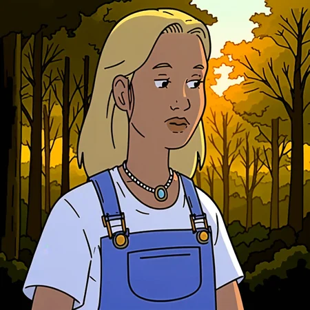 score_9, solo, marie_koth, 1girl, blonde hair, necklace, white shirt, overalls, outdoors, trees, natural lighting