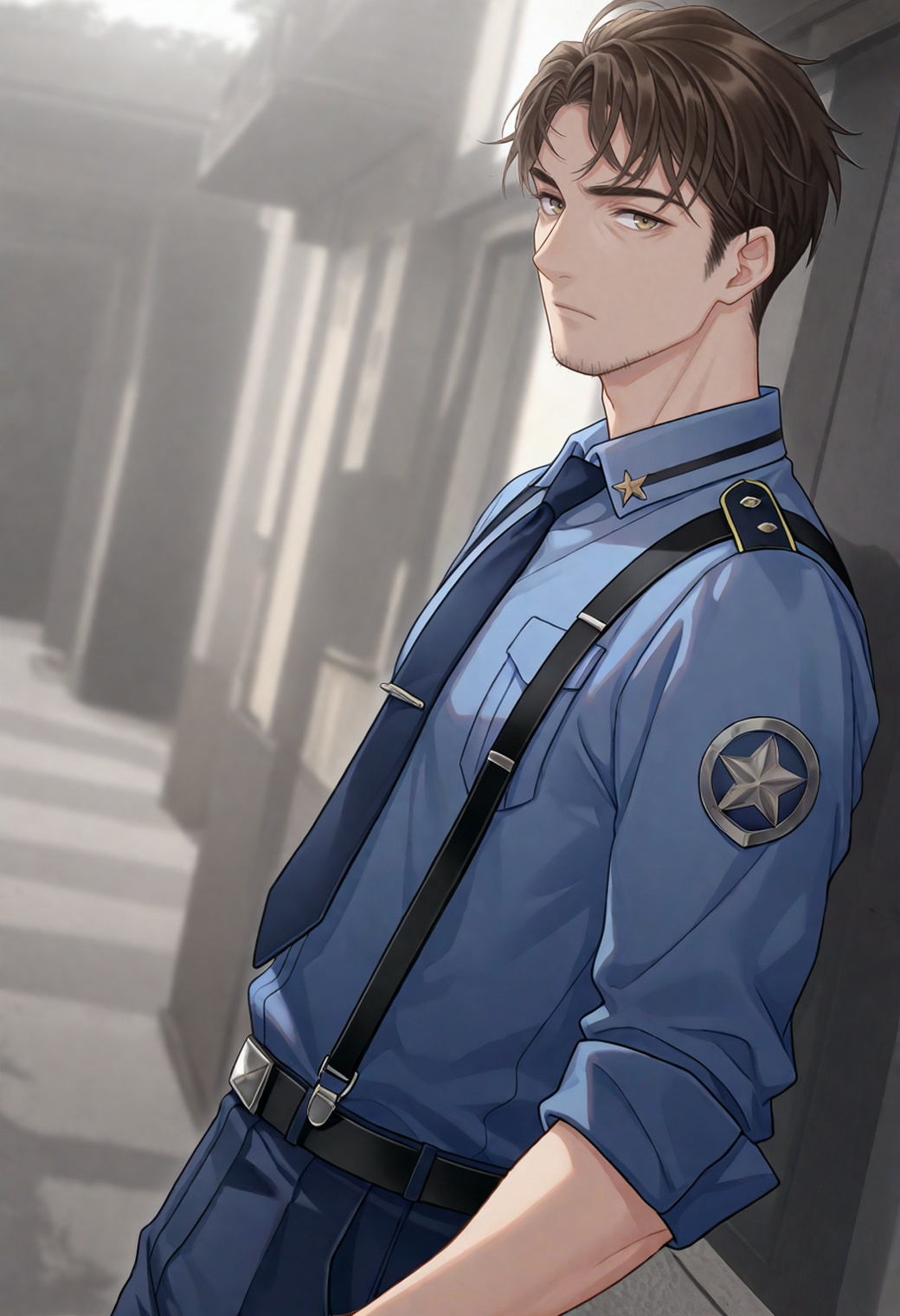 masterpiece,best quality,
1boy,
<lora:darius_morgan_NAI_EPS_1_0_CAME_v1-000026:1>,d4r1u5m,brown hair,short hair,facial hair,stubble,
facing viewer,looking at viewer,expressionless,from side,
cowboy shot,
blue shirt,collared shirt,tie,tie pin,
suspenders,
police uniform,
depth of field,blurry background,atmospheric perspective,dutch angle,âââ