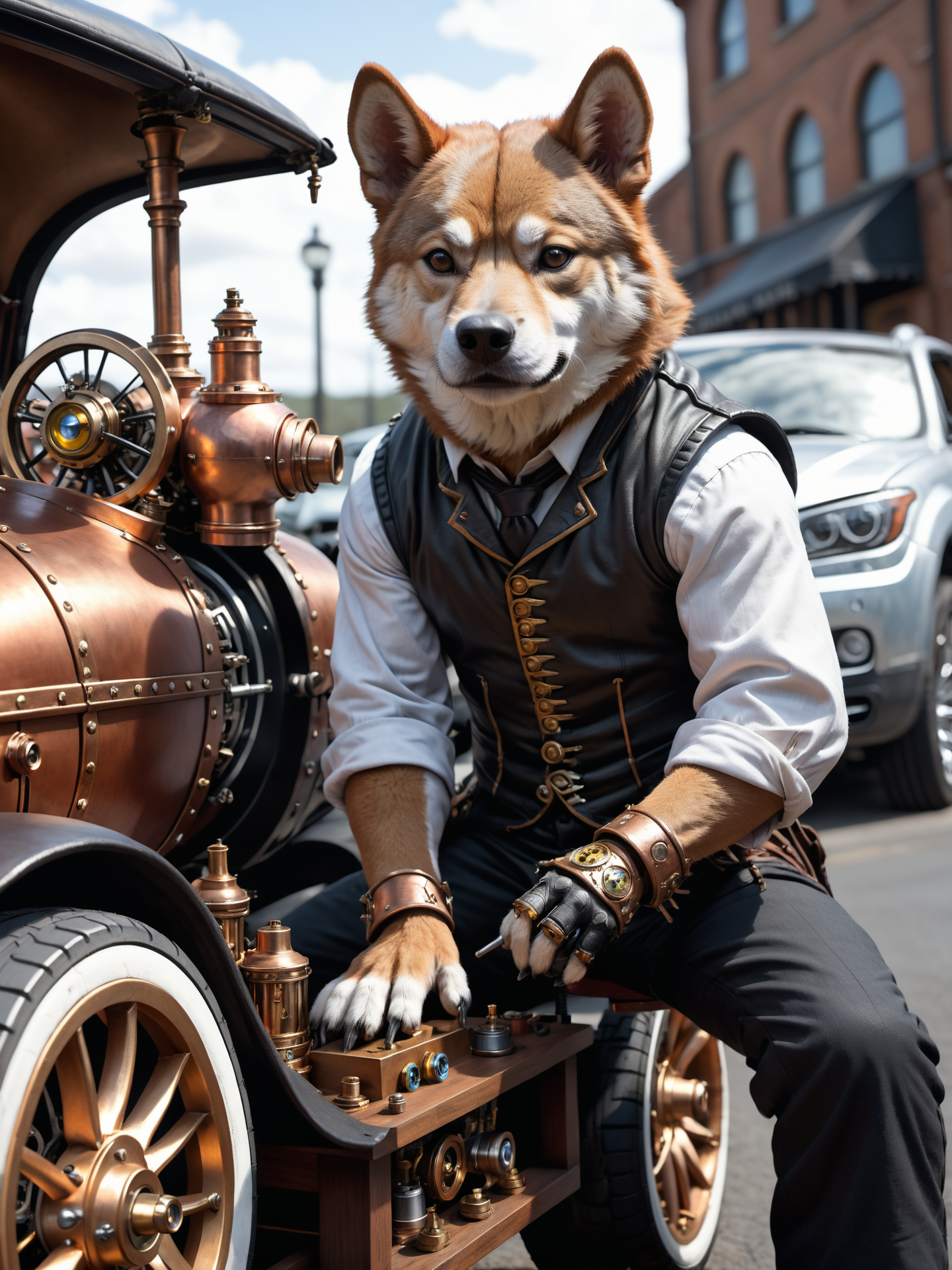 an shiba inu mechanic is repairing his steampunk car, detailed, realistic, 8k uhd, high quality