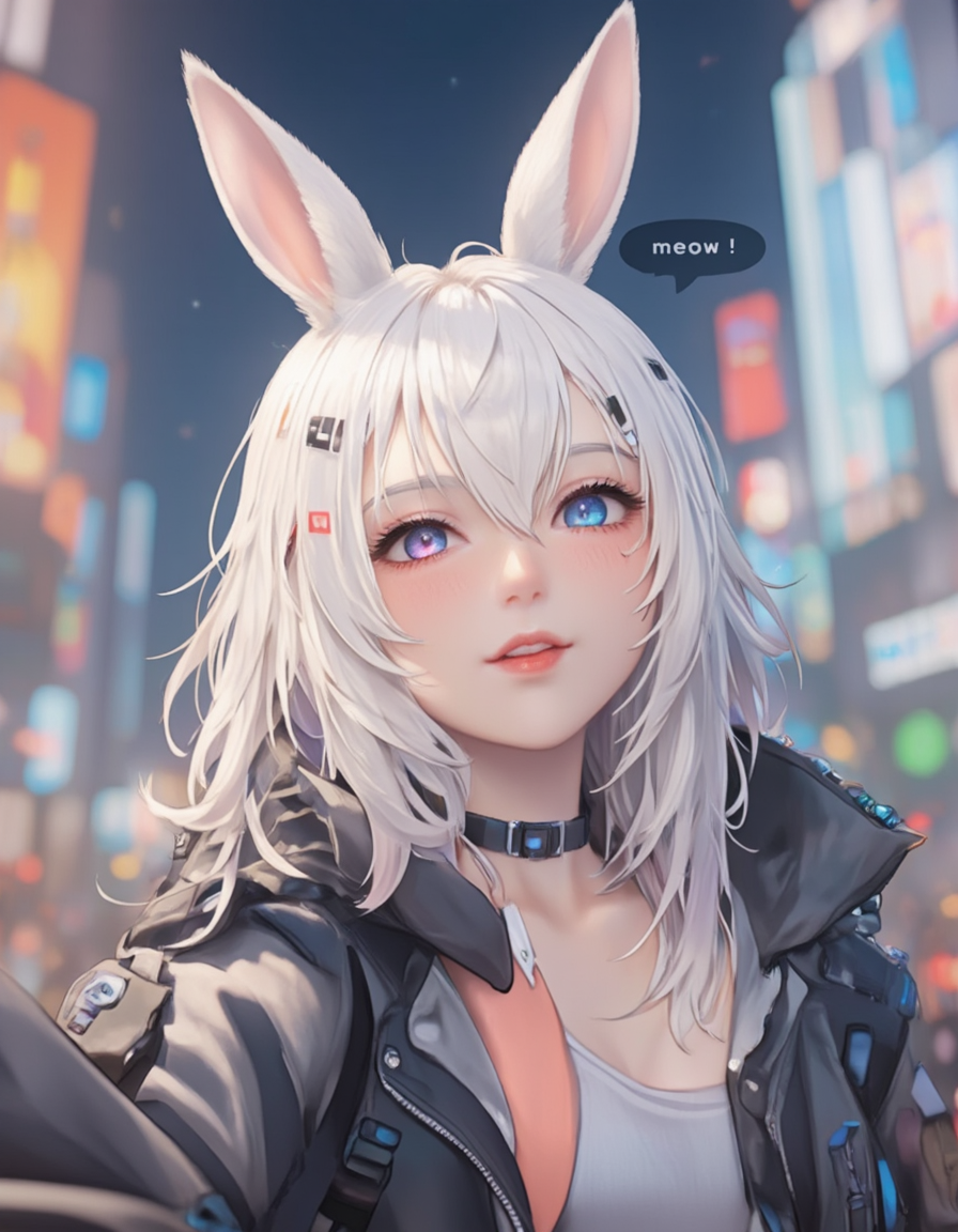 <lora:INWYTK_01a_flux:1> inwytk01flux, mu1ti, cute furry bunny headed girl doing a selfie, v, "meow !"  in a text bubble