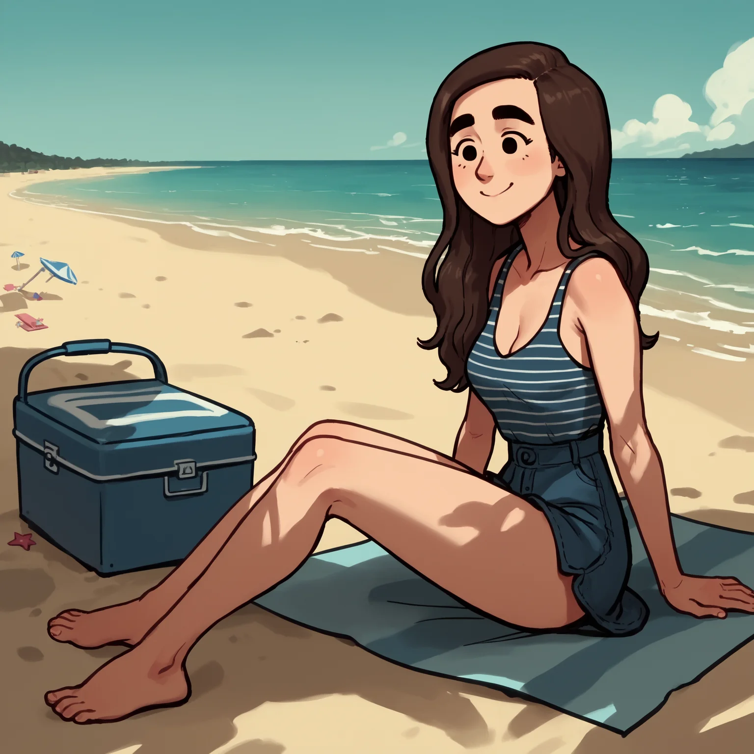 score_9, score_8_up, score_7_up, score_6_up, score_5_up,  1girl, solo, full body,
(source_cartoon),
<lora:Caroline (Storybooth):0.9>
Caroline_Storybooth, dark brown hair, dot eyes, thick eyebrows, long hair, smile,
outdoors, beach, water, blue sky,
<lora:Expressive_H:0.7> Expressiveh,
<lora:add-detail-xl:0.9>