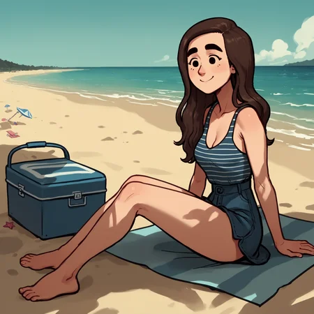 score_9, score_8_up, score_7_up, score_6_up, score_5_up,  1girl, solo, full body,
(source_cartoon),
<lora:Caroline (Storybooth):0.9>
Caroline_Storybooth, dark brown hair, dot eyes, thick eyebrows, long hair, smile,
outdoors, beach, water, blue sky,
<lora:Expressive_H:0.7> Expressiveh,
<lora:add-detail-xl:0.9>