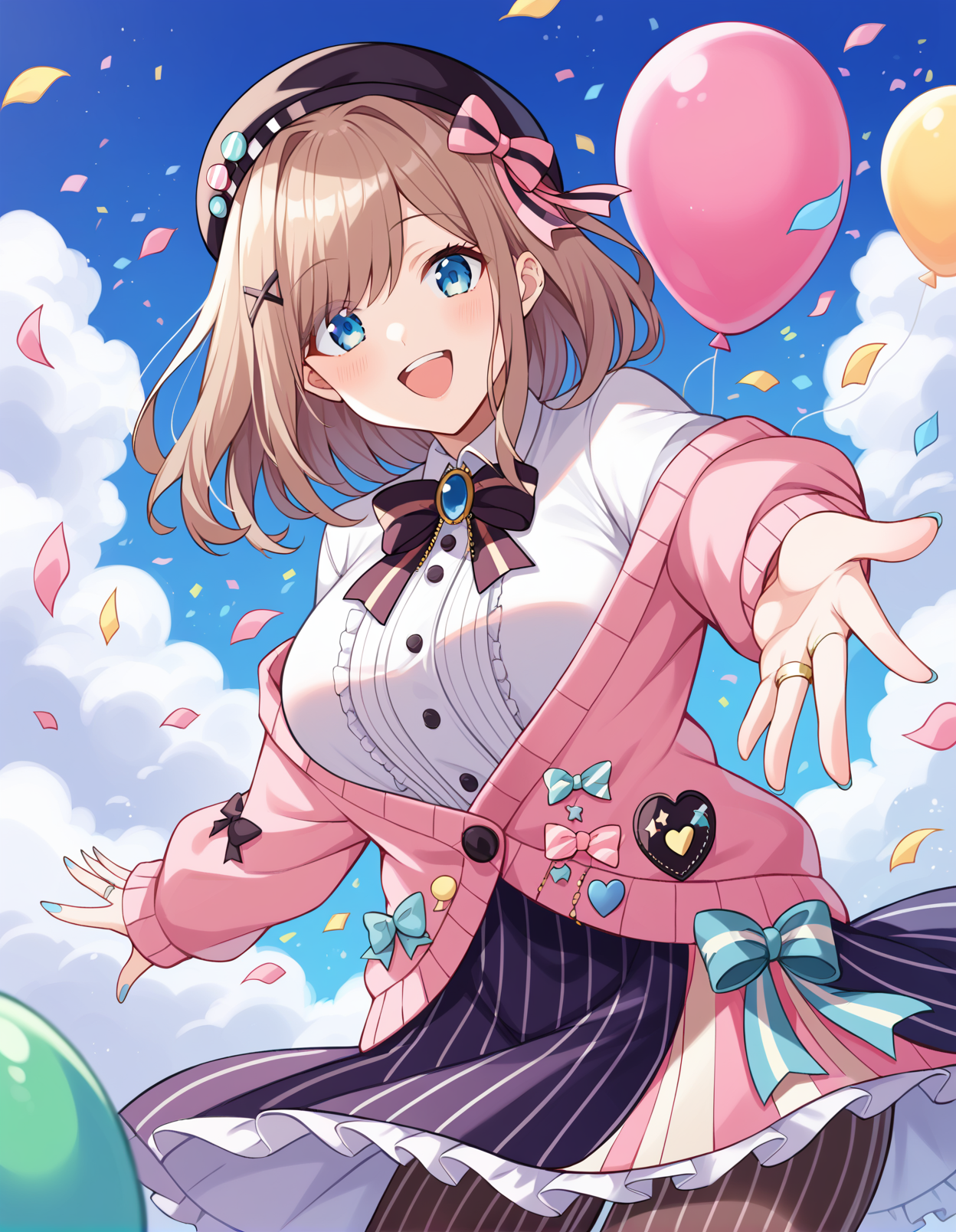score_9, score_8_up, score_7_up, source_anime, rating_safe, BREAK <lora:luluXL_LoRA-C3Lier_AdamW_Dim16_Alpha16_UN-3e-4_TE-1.5e-4_10batch_ponyDiffusionV6XL_v6StartWithThisOne:1>, suzuhara lulu, 1girl, virtual youtuber, brown hair, medium hair, blue eyes, large breasts, black beret, hair bow, striped bow, pink bow, x hair ornament, white shirt, striped bowtie, black bowtie, jewelry, center frills, pink cardigan, multicolored bow, long sleeves, black bow, blue nails, ring, layered skirt, pink skirt, pink stripes, vertical-striped skirt, vertical-striped pantyhose, outstretched arms, reaching towards viewer, dutch angle, smile, happy, eye focus, floating, floating hair, confetti, falling petals, wind, flower, balloon, blue sky, cloud