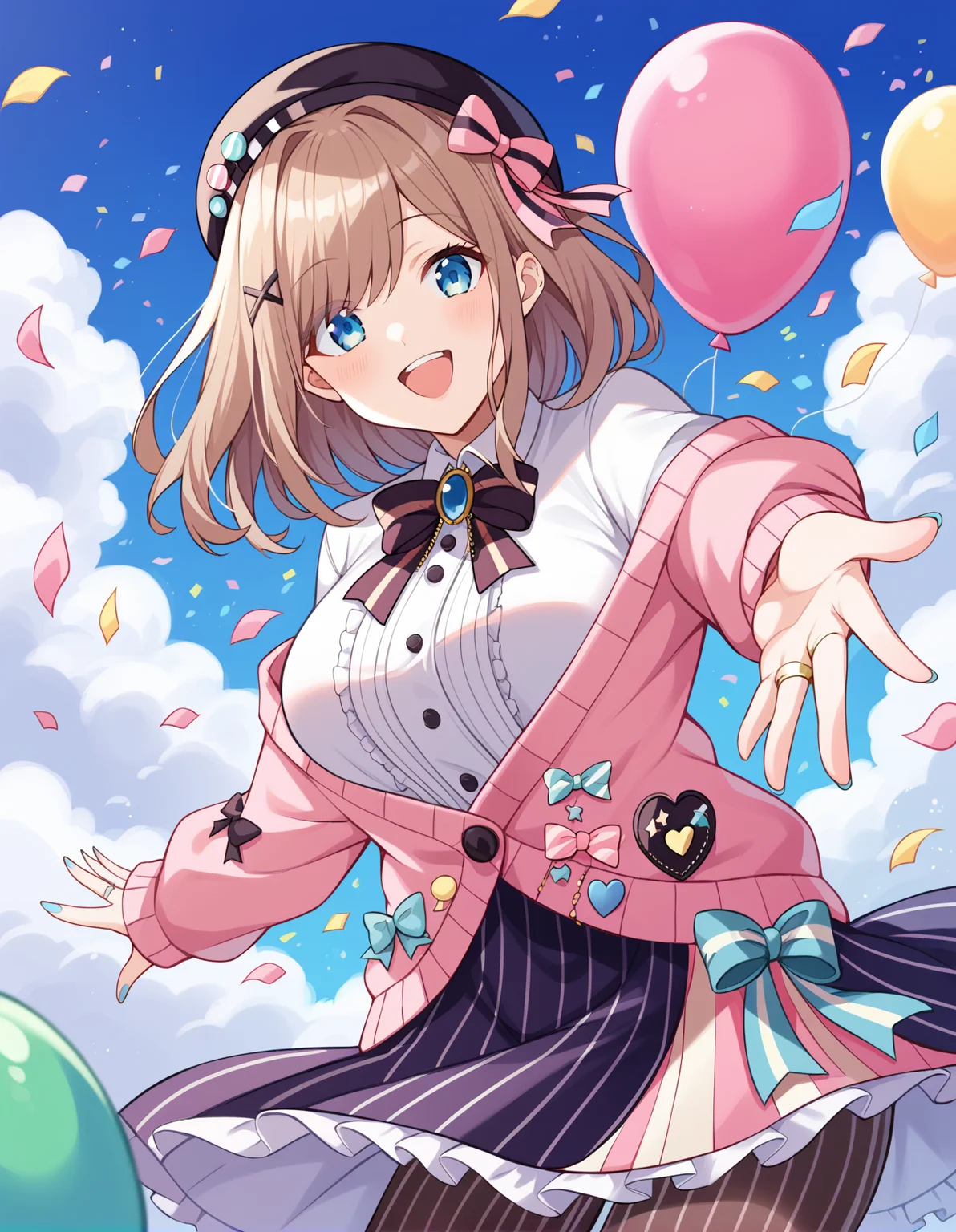 score_9, score_8_up, score_7_up, source_anime, rating_safe, BREAK <lora:luluXL_LoRA-C3Lier_AdamW_Dim16_Alpha16_UN-3e-4_TE-1.5e-4_10batch_ponyDiffusionV6XL_v6StartWithThisOne:1>, suzuhara lulu, 1girl, virtual youtuber, brown hair, medium hair, blue eyes, large breasts, black beret, hair bow, striped bow, pink bow, x hair ornament, white shirt, striped bowtie, black bowtie, jewelry, center frills, pink cardigan, multicolored bow, long sleeves, black bow, blue nails, ring, layered skirt, pink skirt, pink stripes, vertical-striped skirt, vertical-striped pantyhose, outstretched arms, reaching towards viewer, dutch angle, smile, happy, eye focus, floating, floating hair, confetti, falling petals, wind, flower, balloon, blue sky, cloud