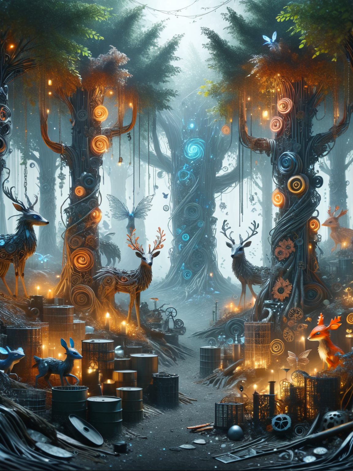 ais-scrapyrd mysterious forest with enchanted creatures <lora:Scrapyard_Style_SDXL:1>