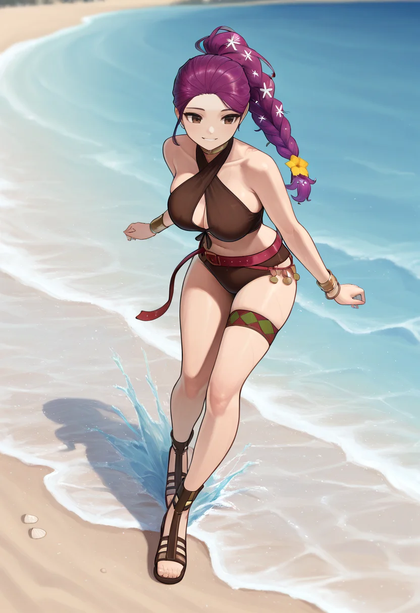 masterpiece, best quality, <lora:Petra-illu-FaS-FE3H-000016:1> petfas, bracelet, braided ponytail, hair flower, purple hair, ponytail, criss-cross halter, bare shoulders, brown eyes, red belt, gold trim, single braid, sandals, water, beach, large breasts, wide shot, smile, midriff