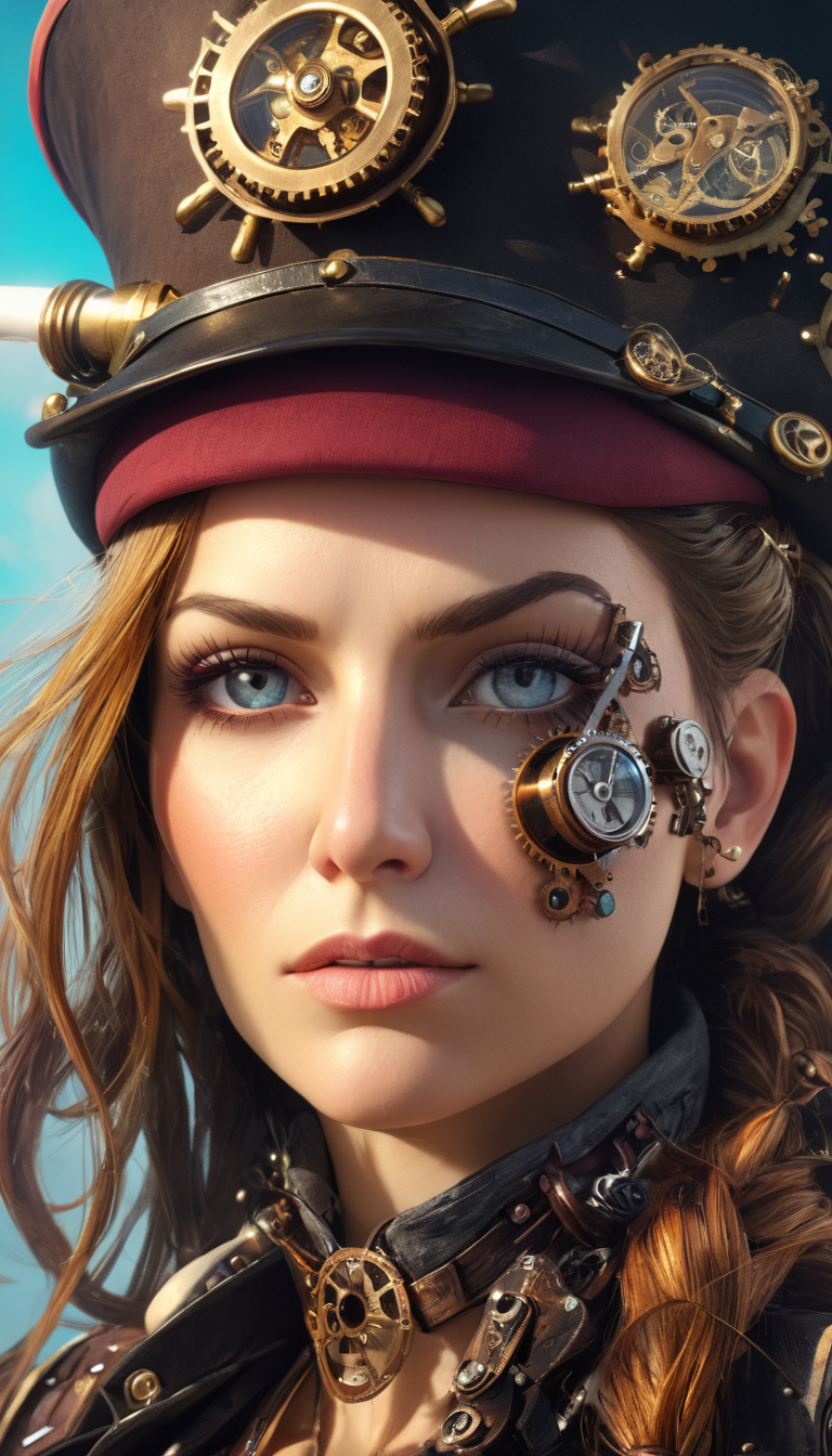 Cinematic scene, extreme close up, portrait of a female steampunk pirate captain, detailed background, masterpiece, best quality, high quality, absurdres, colorful, vivid, 3d <lora:3d_xl_v3:1.5>