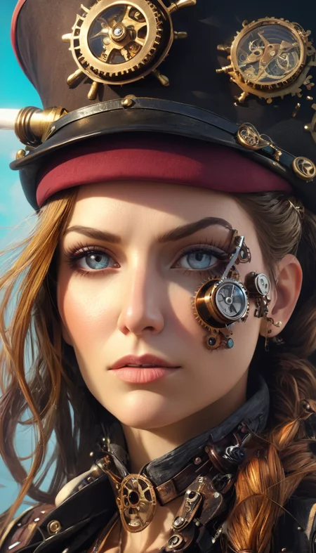 Cinematic scene, extreme close up, portrait of a female steampunk pirate captain, detailed background, masterpiece, best quality, high quality, absurdres, colorful, vivid, 3d <lora:3d_xl_v3:1.5>