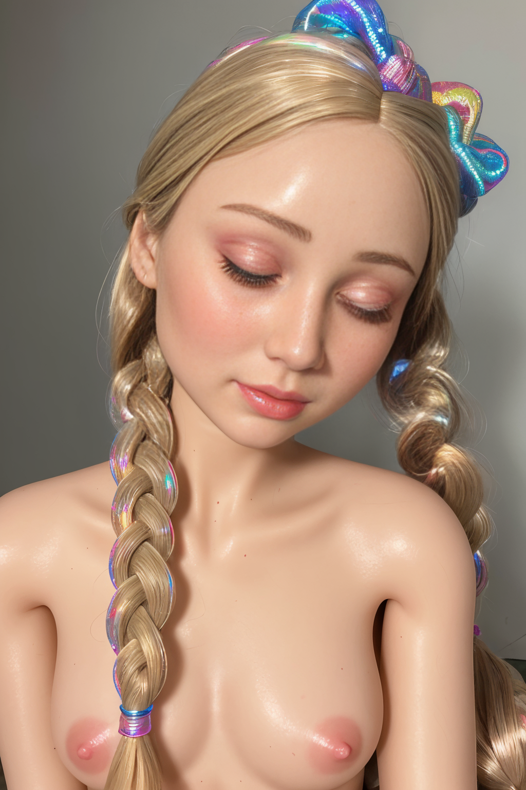 portrait shot of close-up photo of woman,1girl, tpelovedoll, naked, nude,standing,light blonde fishtail braid, and holographic scrunchie,  <lora:tpelovedoll-v1.0-000004:1>. Detailed, intimate, clear, personal. Close-up, eyes on camera, clear, sharp