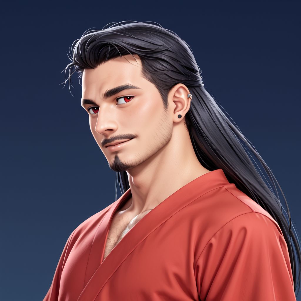 1man, skin tanned, messy and long hair, red eyes, flirtatious smile, thin eyebrows, ear piercing, small goatee, wearing black and red Japanese tunic with scarlet edges, alone, looking forward, athletic body, masculino, bara.