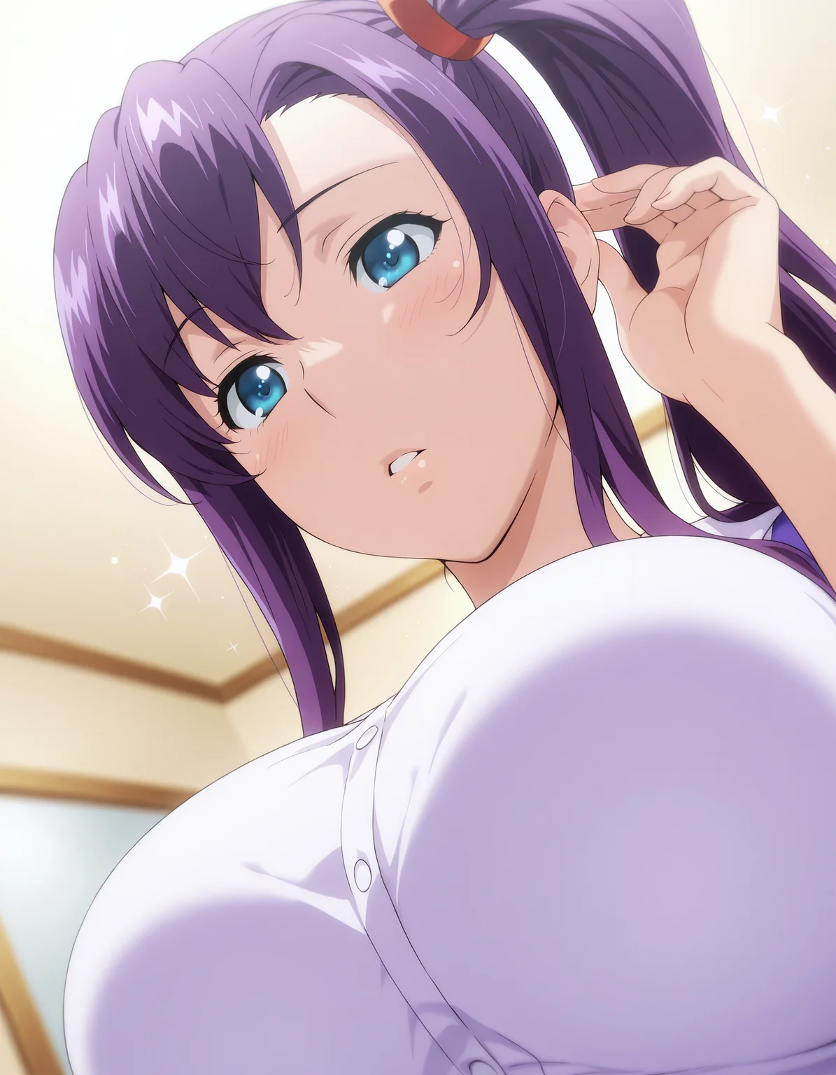 <lora:Haruko_Amaya_v01:1> harukoamaya, blue eyes, purple hair, side ponytail, large breasts,
dutch angle, depth of field, HDR, 8K.
masterpiece,best quality,amazing quality, highest score, 1girl, dreamy expression, parted lips, portrait, adjusting hair, sparkles,