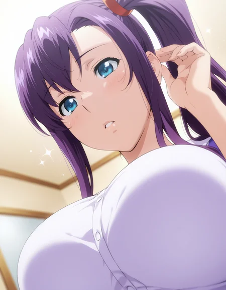 <lora:Haruko_Amaya_v01:1> harukoamaya, blue eyes, purple hair, side ponytail, large breasts,
dutch angle, depth of field, HDR, 8K.
masterpiece,best quality,amazing quality, highest score, 1girl, dreamy expression, parted lips, portrait, adjusting hair, sparkles,
