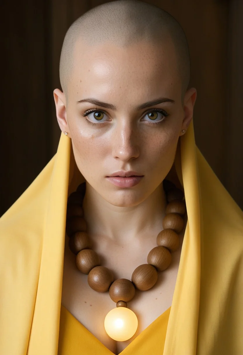 (score_10, score_9_up, score_9, score_8_up, hyperrealism, masterpiece, highly detailed, 8K:1.4),
BREAK
1girl, solo, monk, bald, bright eyes, big eyes, yellow clothes, yellow cape, priestly clothes, thick lips, parted lips, freckles, upper body, looking at viewer, beaded necklace, wooden necklace,
