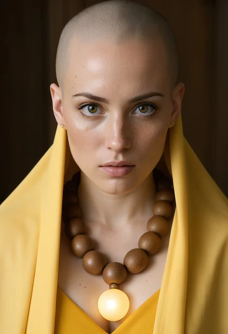(score_10, score_9_up, score_9, score_8_up, hyperrealism, masterpiece, highly detailed, 8K:1.4),
BREAK
1girl, solo, monk, bald, bright eyes, big eyes, yellow clothes, yellow cape, priestly clothes, thick lips, parted lips, freckles, upper body, looking at viewer, beaded necklace, wooden necklace,