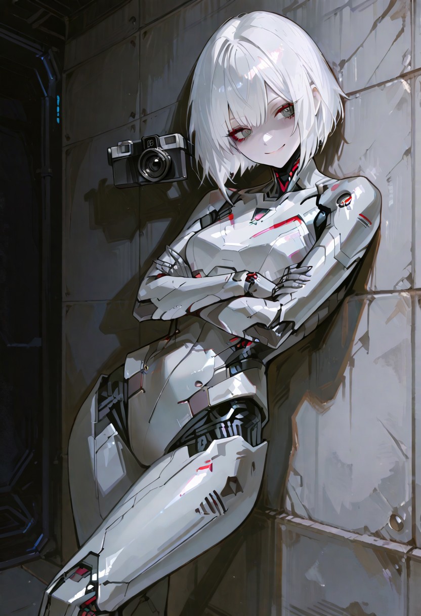 masterpiece, best quality, good quality, very aesthetic, absurdres, newest, cyber woman, smiling happily, white hair, arms crossed around waist, standing with legs crossed, leaning back against wall, posing, looking into camera, in the style of dark gray and light black, smooth brushwork, sharp edges, dark gray, mechanical designs, sharp focus, 748cmstyle