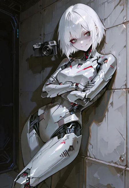 masterpiece, best quality, good quality, very aesthetic, absurdres, newest, cyber woman, smiling happily, white hair, arms crossed around waist, standing with legs crossed, leaning back against wall, posing, looking into camera, in the style of dark gray and light black, smooth brushwork, sharp edges, dark gray, mechanical designs, sharp focus, 748cmstyle