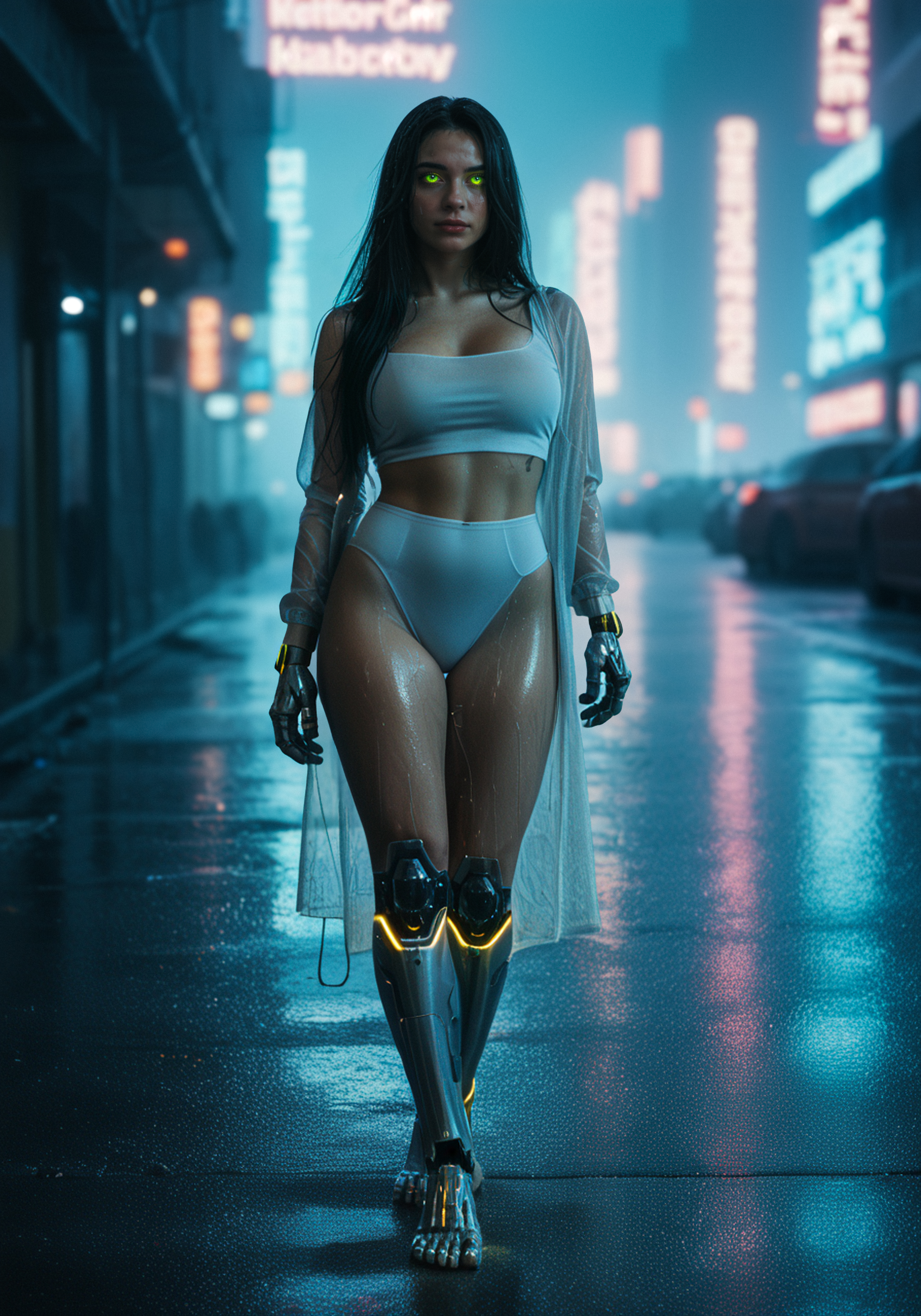 score_9, score_8_up, score_7_up, photo of a cute girl, fashion editorial pose,  realistic, robotic mechanical face, glowing eyes, robotic hands, barefeet, robotic legs,
cyberpunk neon city background, neon lights, glowing lights, raining, foggy, puddles, 1girl, (white robot) girl, (mechanical) girl, translucent skin, reflective, chromic light, green eyes, black hair, long hair, android girl,  large breasts, curvy, thighs, shot on film, shot on canon, detailed skin texture,
