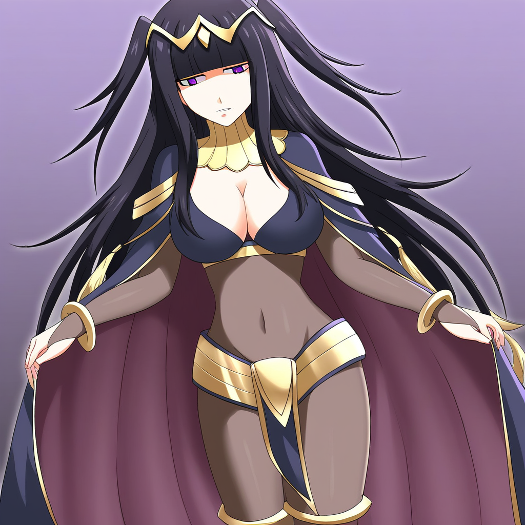 Tharja, black hair, long hair, bangs, tiara, jewelry, bodystocking, bodysuit, cape, purple eyes, bracelet, large breasts, cleavage, 1girl, solo,