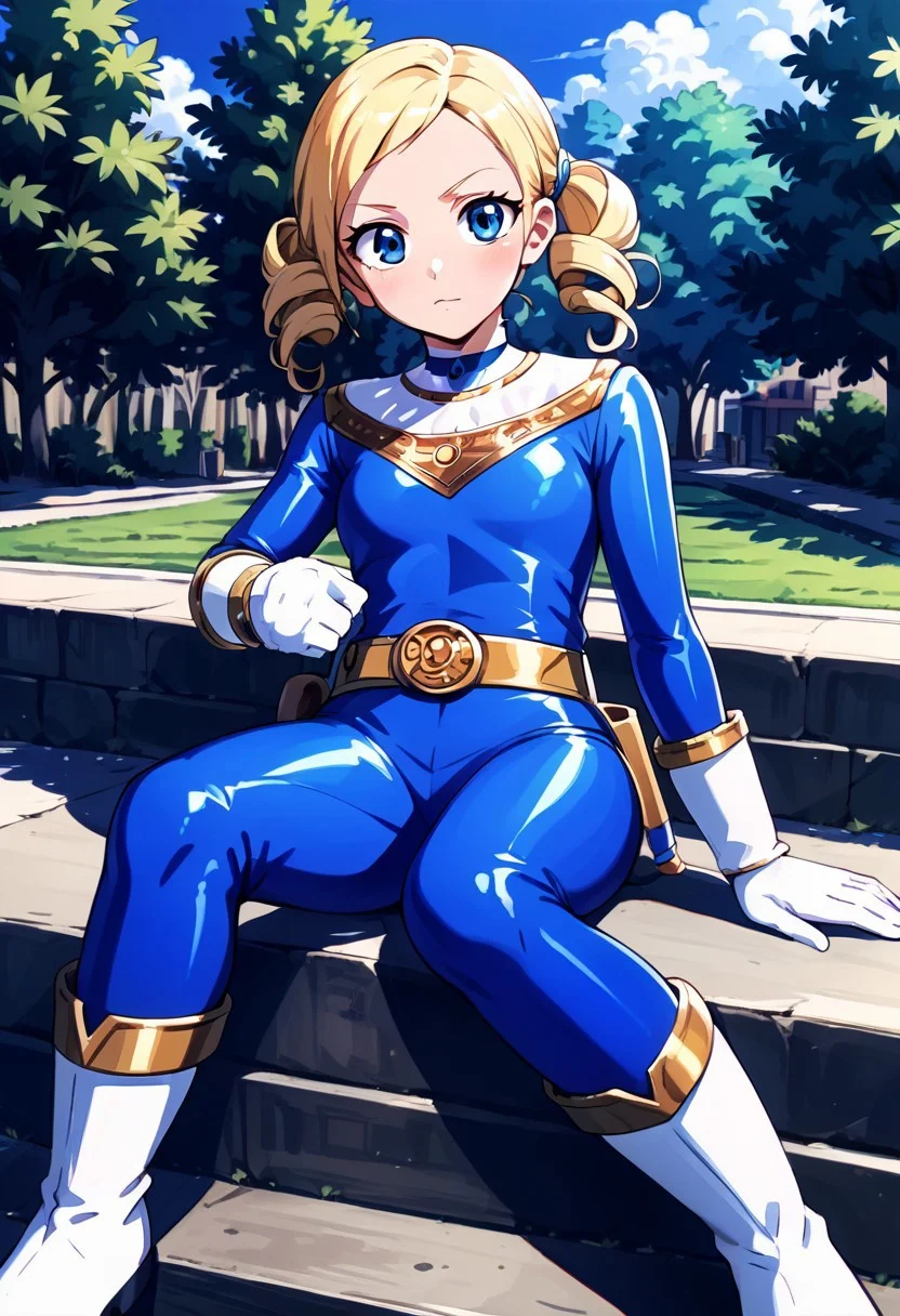 score_9, score_8_up, score_7_up, BREAK source_anime,masterpiece, best quality, highly detailed,absurdres, anime,highres,8k, shadow,uncensored,
, outdoors, simple background, theme park,
, cowboy shot,sitting, 1girl,
blue_eyes, blonde_hair, twin_drills, short_hair,
, presenting self, looking at viewer,
Bluezeoranger, Tight suit,shiny gold elements, gold belt, vibrant color, golden wrist guards, white boots,blue colored suit,Holster,white gloves,