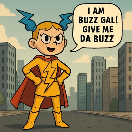 a superhero girl alone in a city hands on hips in a yellow outfit in the shape of a lighting bolt and pigtails in the shape of blue lighting bolts and she is saying i am buzz gal give me da buzz