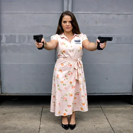 GLOCKG, (high quality raw (((full body photo of woman wearing a dress)))aiming a glock pistol at a employee), while standing in a gas station
<lora:Glock_Pistol__Gun__Firearm_PONY:1.0>