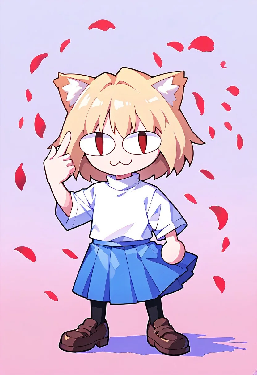 score 7 up, score 8 up, score 9 up, mesterpiece, best qualty, vibrant,
BREAK
necoarc, blonde hair, red eyes, slit pupils, cat ears, :3, chibi, turtleneck, white shirt, blue skirt, pleated skirt, pantyhose, brown footwear,
BREAK
(((finger gun,rose,petals))), dunamic pose, abstract background