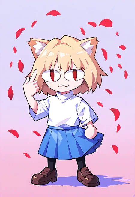 score 7 up, score 8 up, score 9 up, mesterpiece, best qualty, vibrant,
BREAK
necoarc, blonde hair, red eyes, slit pupils, cat ears, :3, chibi, turtleneck, white shirt, blue skirt, pleated skirt, pantyhose, brown footwear,
BREAK
(((finger gun,rose,petals))), dunamic pose, abstract background