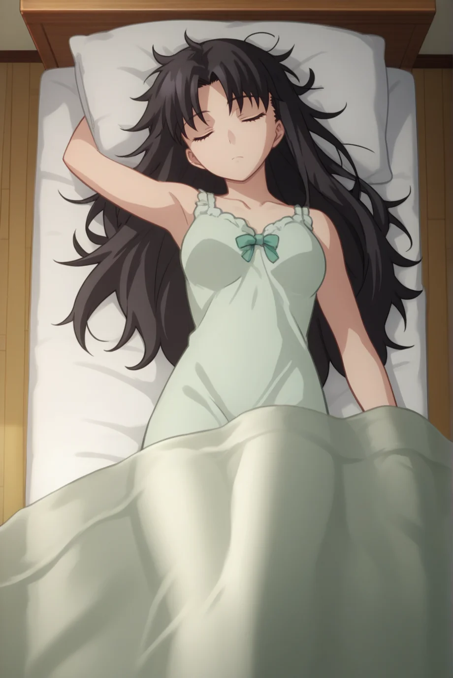 score_9, score_8_up, score_7_up, score_6_up, score_5_up, score_4_up, BREAK source_anime, 1girl,
<lora:TohsakaRinXL-v1-04:0.7>, ChopioTohsakaRin, black hair, long hair, parted bangs, closed eyes, looking at viewer,
(thick thighs:0.7), medium breasts,
hair down, messy hair,
outfit_3, light green nightgown, ruffles, sleeping,
bedroom, wooden floor, bed, in bed, under covers,