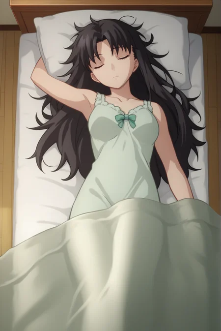 score_9, score_8_up, score_7_up, score_6_up, score_5_up, score_4_up, BREAK source_anime, 1girl,
<lora:TohsakaRinXL-v1-04:0.7>, ChopioTohsakaRin, black hair, long hair, parted bangs, closed eyes, looking at viewer,
(thick thighs:0.7), medium breasts,
hair down, messy hair, 
outfit_3, light green nightgown, ruffles, sleeping, 
bedroom, wooden floor, bed, in bed, under covers,