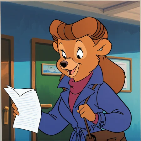(masterpiece), (best quality), (ultra-detailed), amazing quality, very aesthetic, illustration, perfect composition, intricate details, absurdres, incredibly absurdres, <lora:rebecca_cunningham_illustrious:1>, black eyes, retro artstyle, rebecca cunningham , solo, smile, open mouth, indoors, holding, animal ears, bag, coat, furry, paper, blue coat, holding paper, bear girl, brown fur, brown hair, body fur, furry girl, retro artstyle,