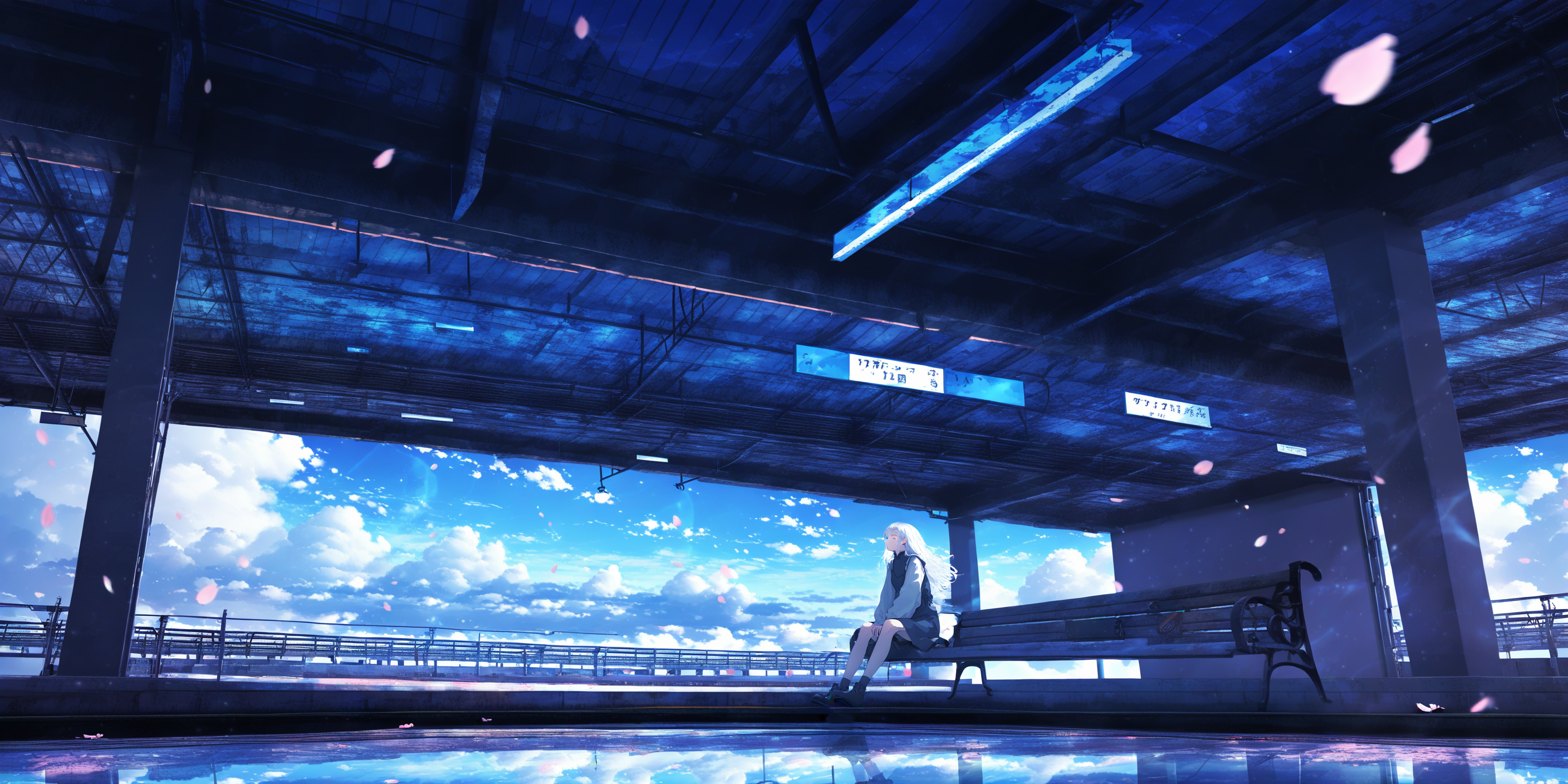 1girl, solo, long hair, sky, petals, train station, sitting, cloud, wide shot, white hair, outdoors, dress, reflection, blue sky, long sleeves <lora:lifelineXL_NB11_lokr_V6311P:0.95>