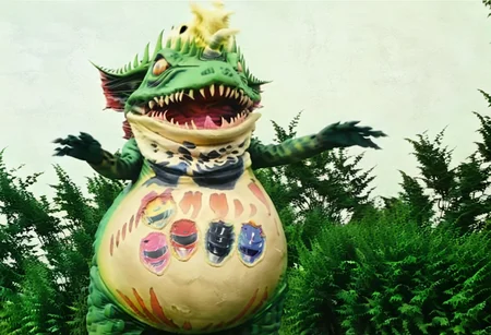 Terror Toad, toad monster, standing, laughing, yellow and red and black and pink and blue power ranger helmet tattoo, arms outstretched