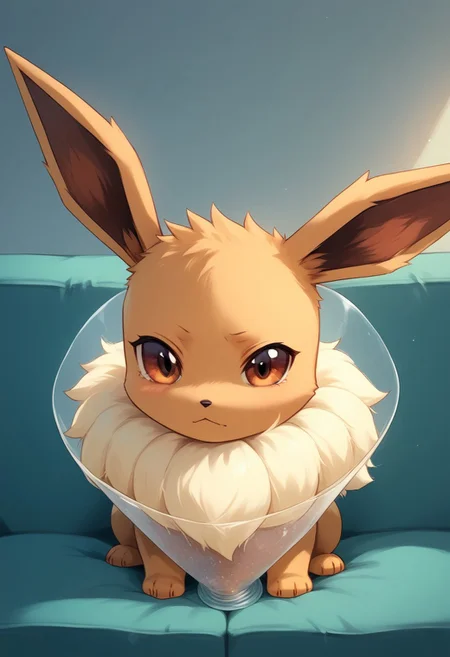 masterpiece, highres, score_9, score_8_up, score_7_up, source_anime, solo, Eevee, pokemon, feral, ((eevee wearing a cone of shame, plastic cone around eevee's neck)), eevee sitting on a couch looking very sad, droopy ears, looking at viewer,