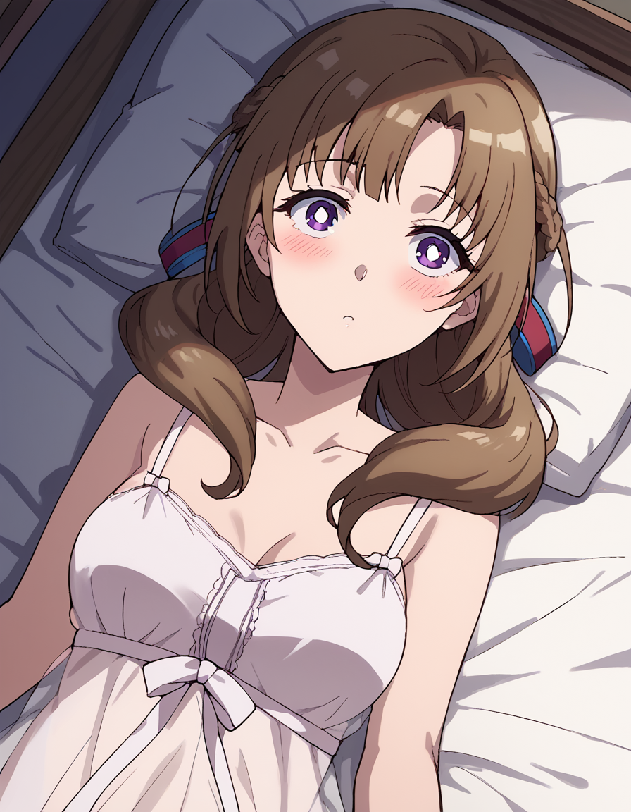 score_9, score_8_up, score_7_up, source_anime, mamakooosuki, <lora:mamako-oosuki-s1-ponyxl-lora-nochekaiser:1>, mamako oosuki, long hair, brown hair, purple eyes, hair ribbon, braid, bright pupils, french braid, white pupils,, <lora:chemise-ponyxl-lora-nochekaiser:1>, chemise, strap slip, see-through, bare shoulders, collarbone, thighs,, indoors, bed, bed room, on back, on bed, blush,, cowboy shot, dutch angle, looking at viewer,